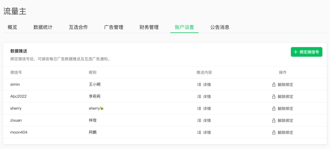 在流量主-账户设置-数据推送模块,可以绑定相关公众号运营者的微信号。绑定微信号后会收到每日广告数据推送,以及公众号互选广告的新广告单提醒。 在流量主-账户设置-数据推送模块,可以绑定相关公众号运营者的微信号。绑定微信号后会收到每日广告数据推送,以及公众号互选广告的新广告单提醒。