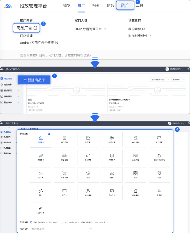 点击新建商品库 -> 选择商品库类型 ->选择商品库规模 -> 填写商品库名称 ->确认 点击新建商品库 -> 选择商品库类型 ->选择商品库规模 -> 填写商品库名称 ->确认